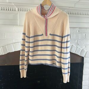JCrew off white, red, and blue cable knit sweater